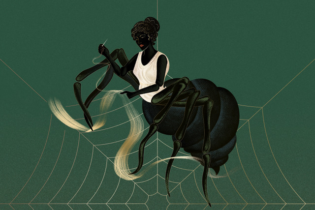 Aracne trasformata in ragno mentre tesse la sua ragnatela, immagine ispirata al mito di Aracne nella mitologia greca.